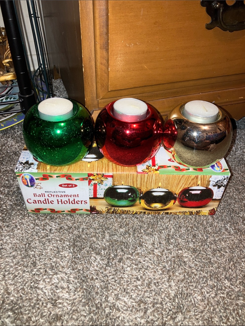 Set of 3 Reflective Ball Ornament Candle Holders - Green, Red, Gold